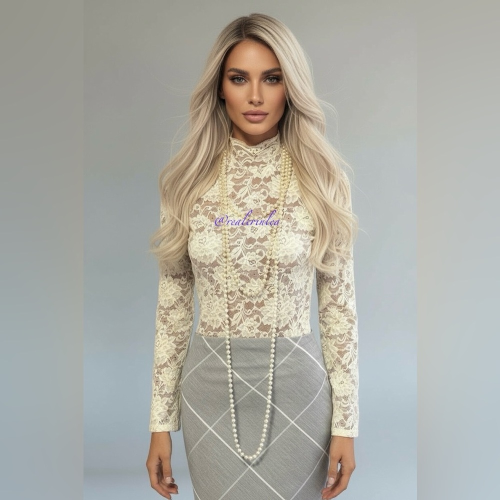 Lace Turtleneck XS Extra Small Cream Ivory Moda International